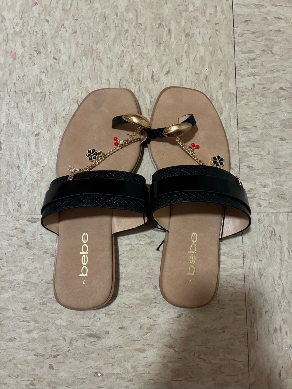 bebe Black and Nude Chain-Embellished Thong Slide Sandals